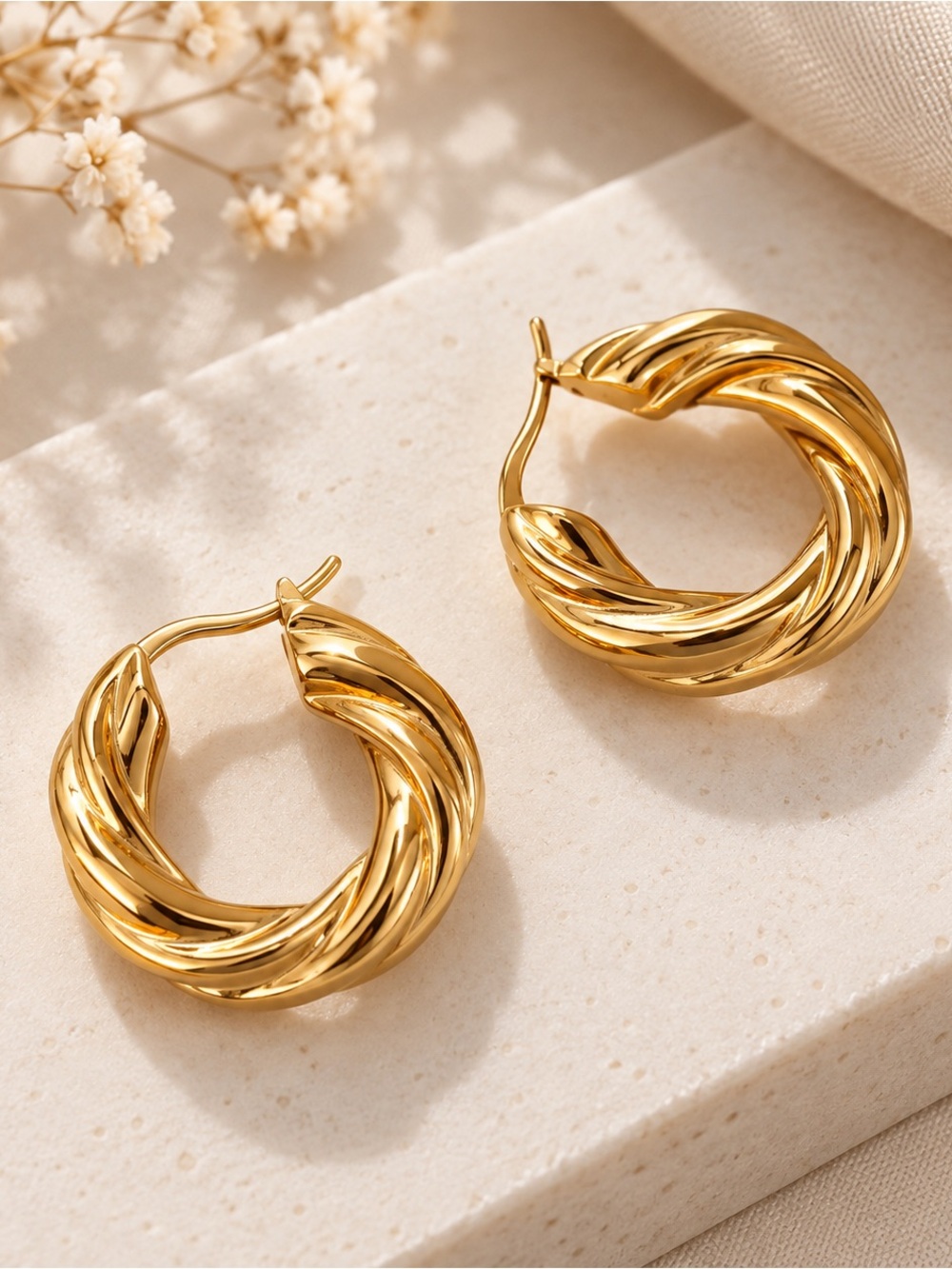 18K Gold Plated Twisted Hoop Earrings Stainless Steel Water Resistant